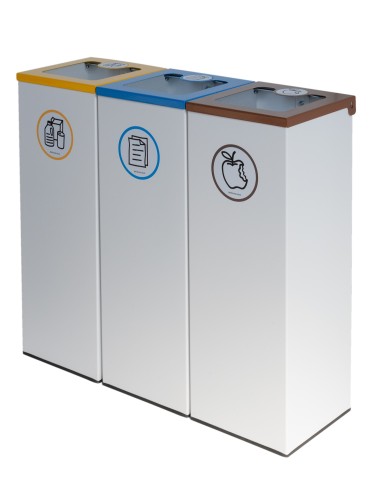 Pack 3 papeleras de reciclaje metálicas 44L con tapa abatible– Isla 3 residuos