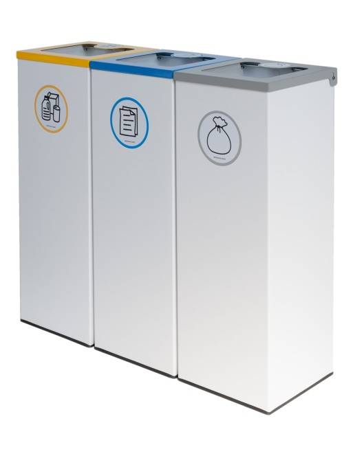 Lot de 3 bacs de recyclage en métal de 44L avec couvercle rabattable – Îlot de recyclage pour 3 flux Lot de 3 bacs de recyclage en métal de 44L avec couvercle rabattable – Îlot de recyclage pour 3 flux