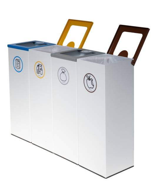 Pack of 4 44L metal recycling bins with flip-top lid. Four-stream recycling station Pack of 4 44L metal recycling bins with flip-top lid. Four-stream recycling station