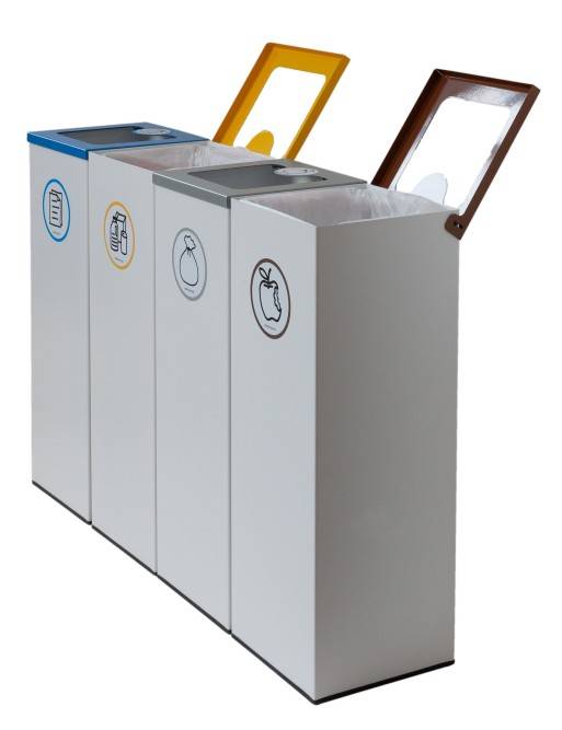 Pack of 4 44L metal recycling bins with flip-top lid. Four-stream recycling station Pack of 4 44L metal recycling bins with flip-top lid. Four-stream recycling station