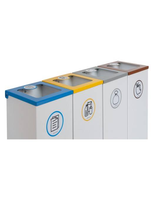 Pack of 4 44L metal recycling bins with flip-top lid. Four-stream recycling station Pack of 4 44L metal recycling bins with flip-top lid. Four-stream recycling station