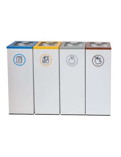 Packung mit 4 44-Liter-Metall-Recyclingbehältern aus Metall mit Klappdeckel – Recyclinginsel für 4 Abfallarten Packung mit 4 44-Liter-Metall-Recyclingbehältern aus Metall mit Klappdeckel – Recyclinginsel für 4 Abfallarten