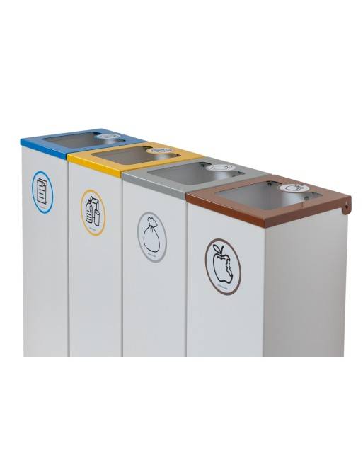 Pack of 4 44L metal recycling bins with flip-top lid. Four-stream recycling station Pack of 4 44L metal recycling bins with flip-top lid. Four-stream recycling station
