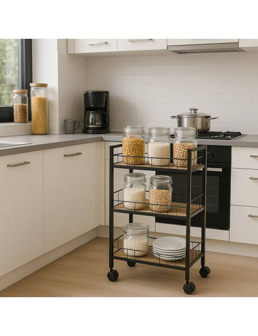 KITCHEN CART WITH WHEELS AND 3 SHELVES MODEL TASTIA BLACK KITCHEN CART WITH WHEELS AND 3 SHELVES MODEL TASTIA BLACK