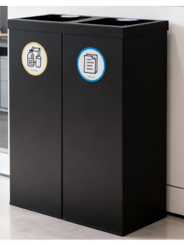 Black Metal Recycling Bin for 2 Types of Waste. With Bag Holder Ring. 88-Liter Capacity (5 recycling stickers)