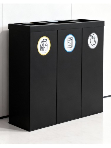 Black Metal Recycling Bin for 3 Types of Waste. With Bag Holder Ring. 132-Liter Capacity (Yellow/Blue/Grey)