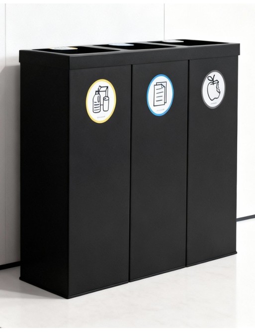 Black Metal Recycling Bin for 3 Types of Waste. With Bag Holder Ring. 132-Liter Capacity (Yellow/Blue/Grey) Black Metal Recycling Bin for 3 Types of Waste. With Bag Holder Ring. 132-Liter Capacity (Yellow/Blue/Grey)