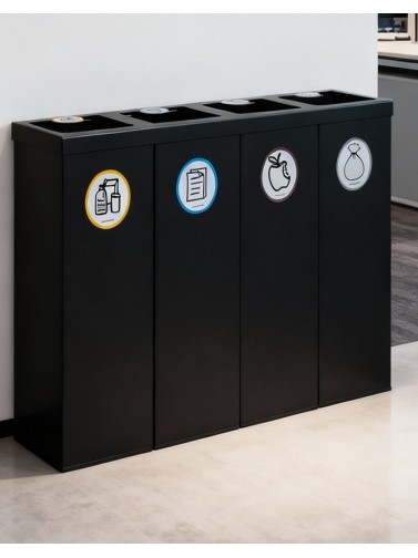 Black Metal Recycling Bin for 4 Types of Waste. With Bag Holder Ring. 176-Liter Capacity