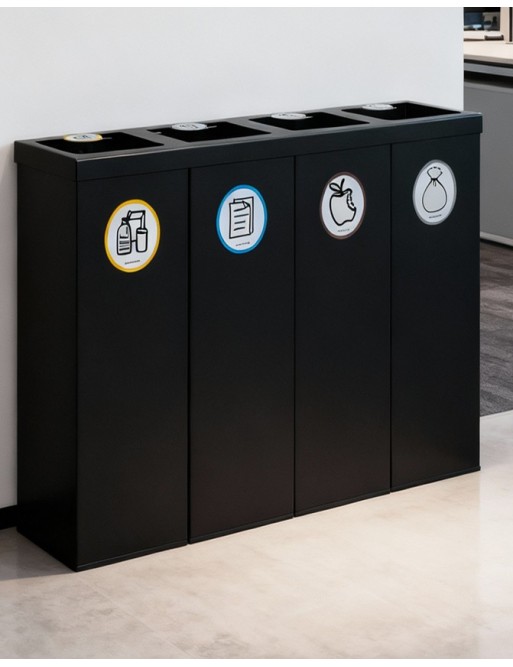 Schwarze Metall-Recycling-Tonne für 4 Abfallarten. Mit Haltering für Müllbeutel. 176-Liter-Kapazität