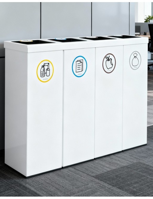 White Metal Recycling Bin with 4 Compartments. 176-Liter Capacity (Yellow / Blue / Brown / Gray)