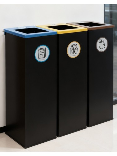 Black metal recycling bin with flip lid, bag holder ring and 70-litre capacity