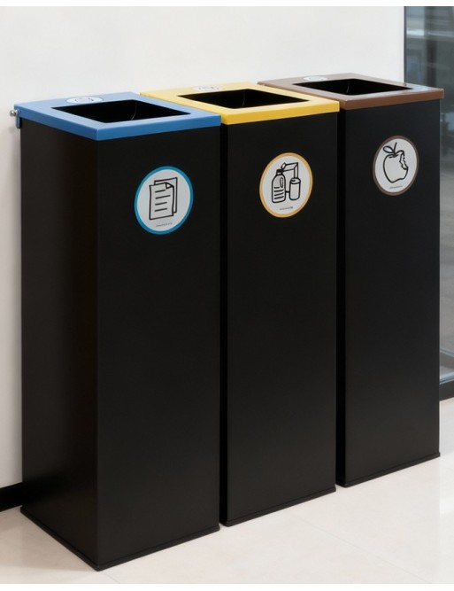 Black metal recycling bin with flip lid, bag holder ring and 70-litre capacity