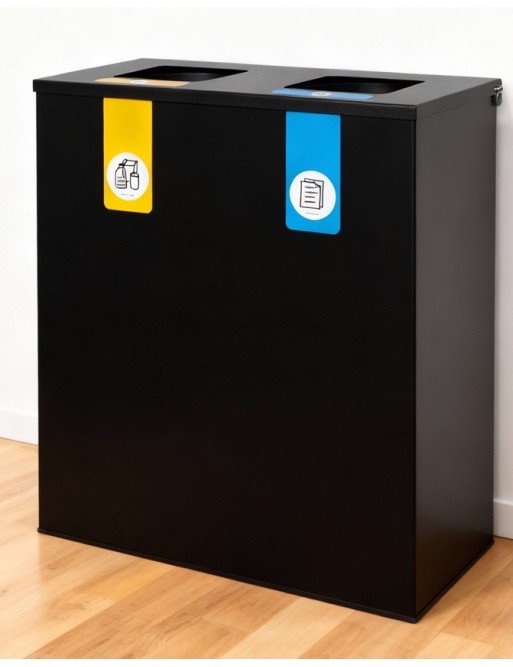 Papelera de reciclaje metálica negra con tapa abatible y 2 compartimentos de 35L – 70 litros de capacidad total
