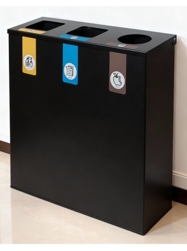 Papelera de reciclaje metálica negra con tapa abatible y 3 compartimentos de 26L – 78 litros de capacidad total
