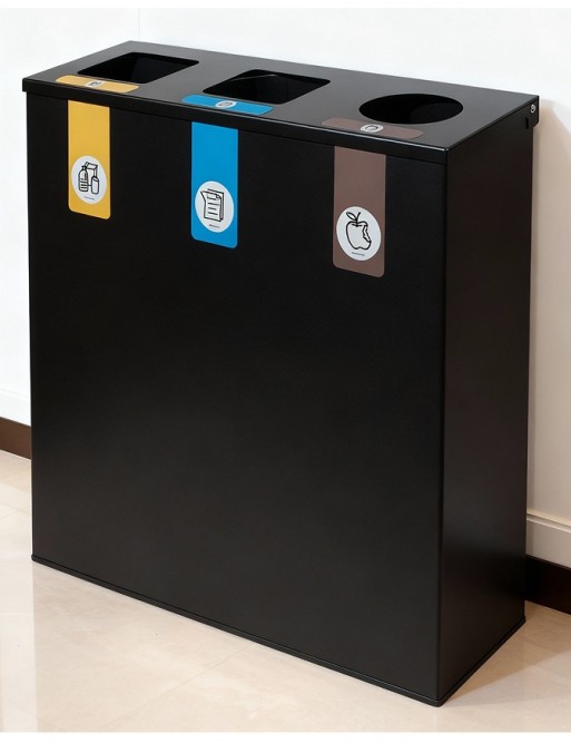 Poubelle de recyclage métallique noire avec couvercle rabattable et 3 compartiments de 26 L – Capacité totale de 78 litres