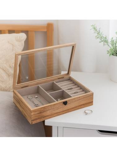 BOÎTE À BIJOUX EN BOIS 5 COMPARTIMENTS AVEC COUVERCLE EN VERRE