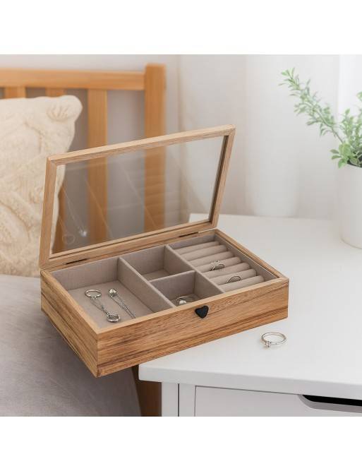 BOÎTE À BIJOUX EN BOIS 5 COMPARTIMENTS AVEC COUVERCLE EN VERRE