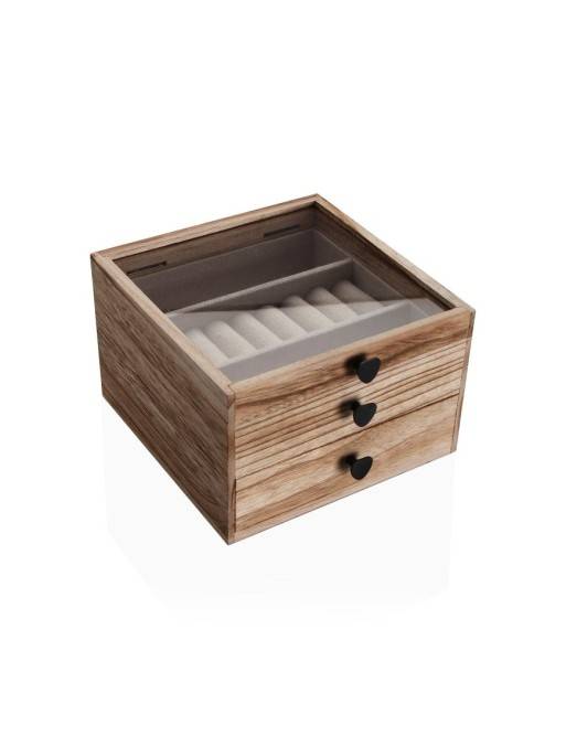 WOODEN JEWELLERY BOX WITH GLASS LID AND 2 DRAWERS