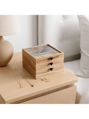 WOODEN JEWELLERY BOX WITH GLASS LID AND 2 DRAWERS