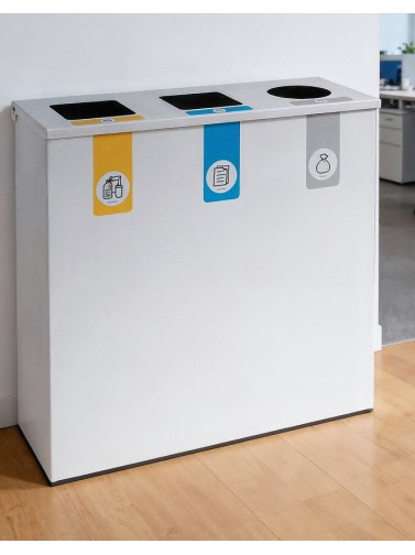 Weiße Metall-Recyclingbehälter mit Klappdeckel und 3 Fächern à 26 L – Gesamtkapazität 78 Liter