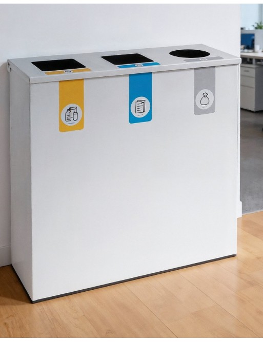 Poubelle de recyclage métallique blanche avec couvercle rabattable et 3 compartiments de 26 L – Capacité totale de 78 litres