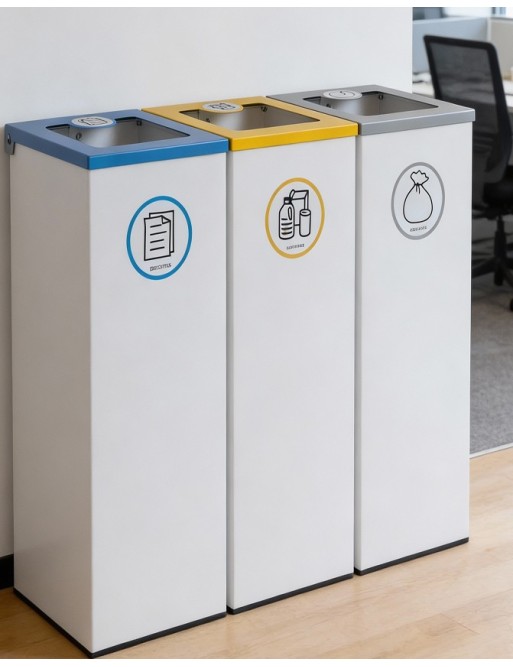 Packung mit 3 44-Liter-Metall-Recyclingbehältern aus Metall mit Klappdeckel – Recyclinginsel für 3 Abfallarten