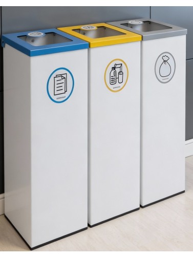 Packung mit 3 44-Liter-Metall-Recyclingbehältern aus Metall mit Klappdeckel – Recyclinginsel für 3 Abfallarten