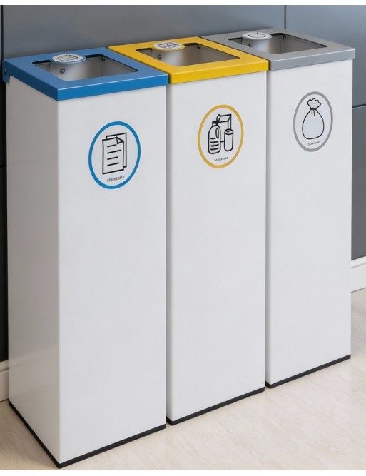 Lot de 3 bacs de recyclage en métal de 44L avec couvercle rabattable – Îlot de recyclage pour 3 flux