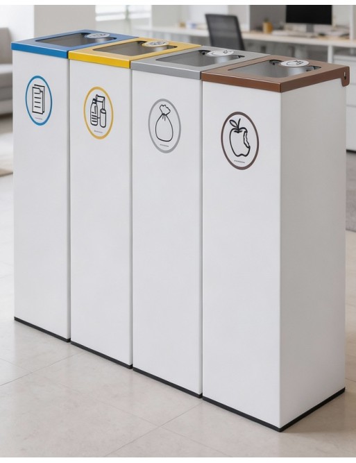 Packung mit 4 44-Liter-Metall-Recyclingbehältern aus Metall mit Klappdeckel – Recyclinginsel für 4 Abfallarten