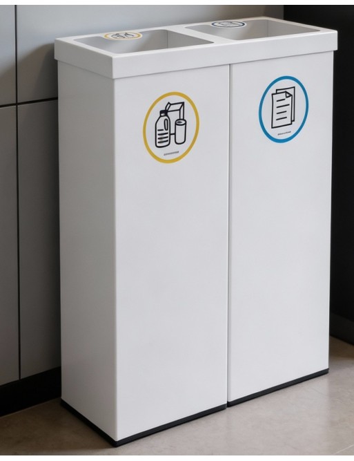 Corbeille à papier de recyclage metállique blanc avec deux compartiments 88 Litres (5 autocollants)