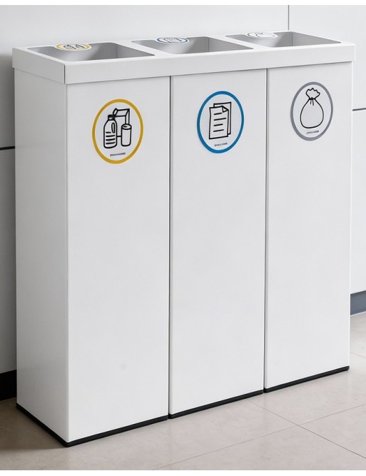 Corbeille à papier de recyclage metállique blanc avec trois compartiments 132 Litres