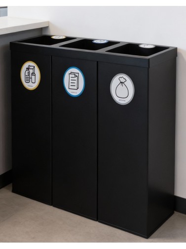 Corbeille à papier de recyclage metállique noir avec trois compartiments 132 Litres
