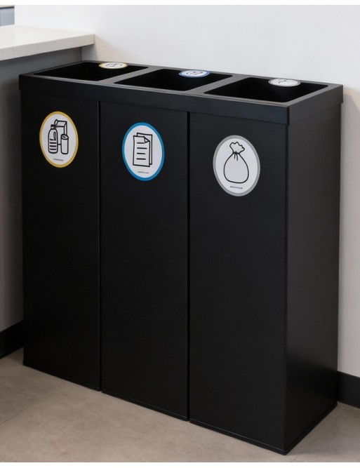 Recyclingpapierkorb in texturierte schwarz mit drei Fächern 132 Liters Recyclingpapierkorb in texturierte schwarz mit drei Fächern 132 Liters