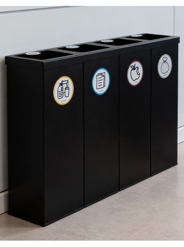 Schwarze Metall-Recycling-Tonne mit 4 Fächern. Kapazität 176 Liter (Gelb / Blau / Braun / Grau)