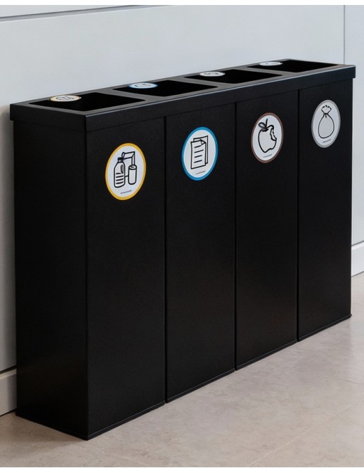 Poubelle de recyclage en métal noir pour 4 types de déchets. Capacité de 176 litres (Jaune / Bleu / Marron / Gris)