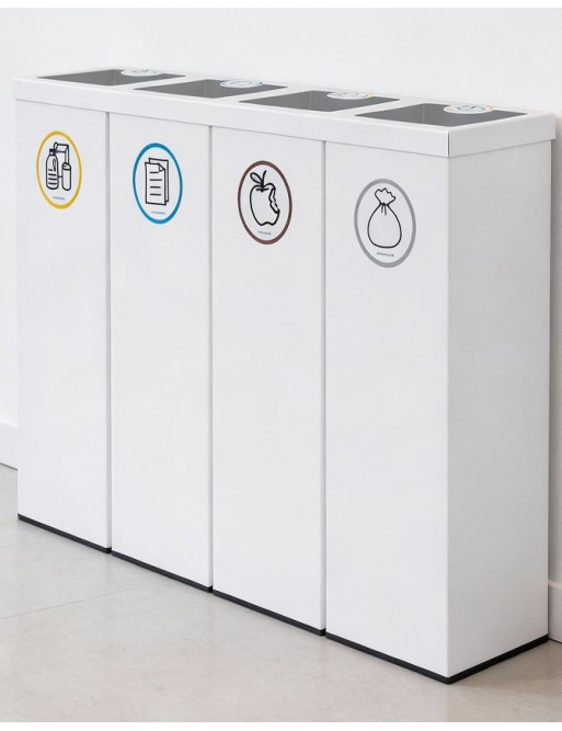Weiße Metall-Recycling-Tonne mit 4 Fächern. Kapazität 176 Liter (Gelb / Blau / Braun / Grau)