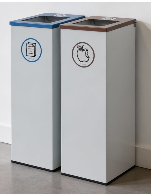 Weißer Metall-Recyclingbehälter mit Klappdeckel, Beutelhalterring und 70 Liter Fassungsvermögen