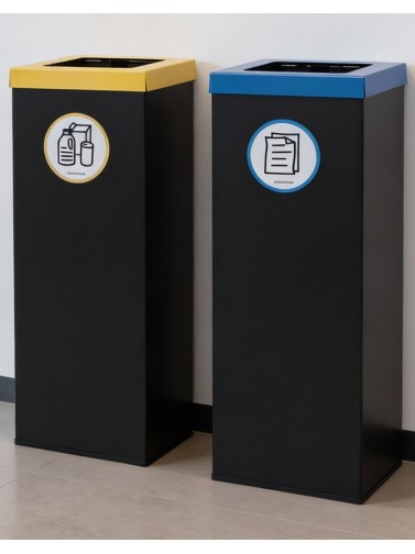 Poubelle de recyclage métallique noire 44 litres avec anneau pour porte-sac et couvercle en 5 couleurs