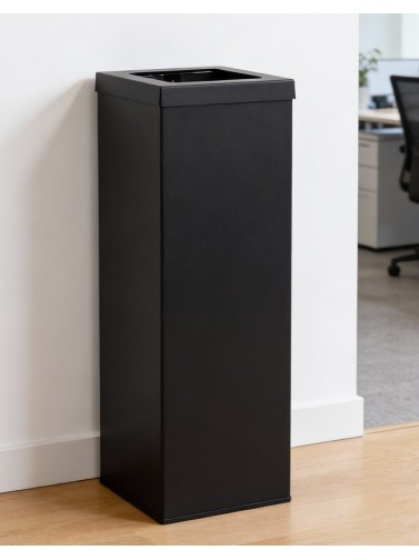 Poubelle de recyclage métallique noire 44 litres avec anneau pour le maintien du sac et couvercle noir