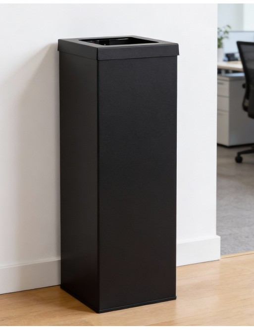 Poubelle de recyclage métallique noire 44 litres avec anneau pour le maintien du sac et couvercle noir