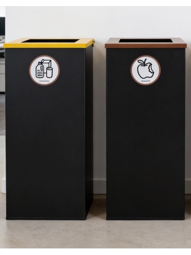 Poubelle de recyclage métallique noire 76 litres avec anneau porte-sac et couvercle en 5 couleurs