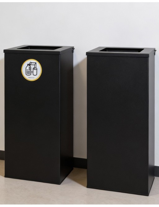 Schwarze Metall-Recycling-Tonne 76 Liter mit schwarzem Deckel und Beutelhalterring Schwarze Metall-Recycling-Tonne 76 Liter mit schwarzem Deckel und Beutelhalterring