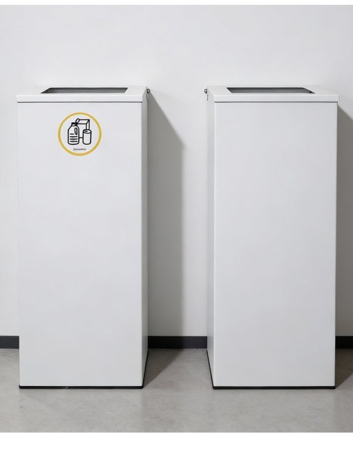 Poubelle de recyclage en métal blanc 76 litres avec couvercle blanc et anneau porte-sac