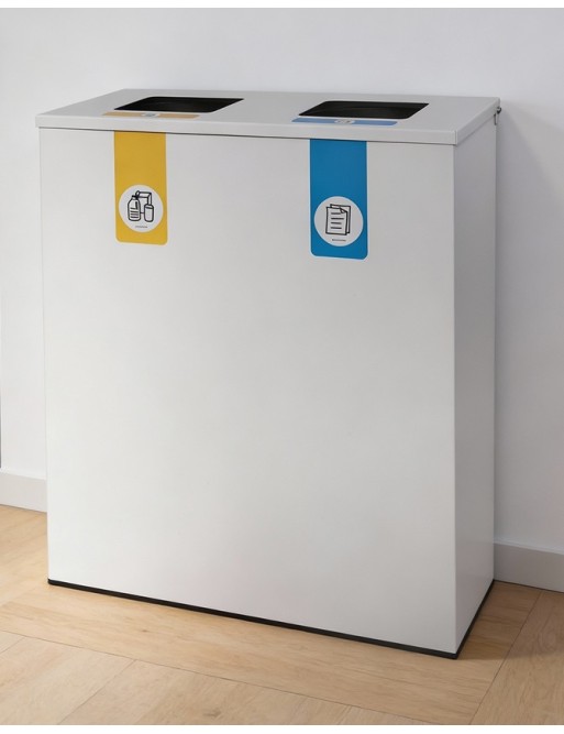 White metal recycling bin with flip lid and 2 compartments of 35L – Total capacity of 70 litres