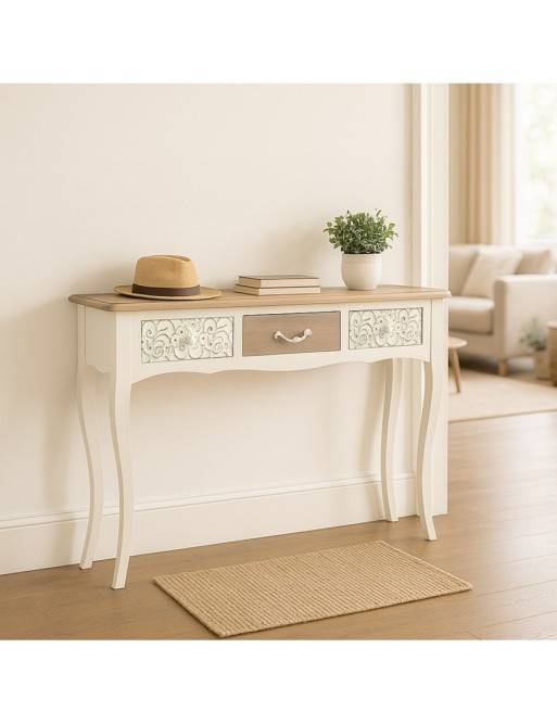 WHITE WOODEN CONSOLE WITH 3 DRAWERS MODEL DEHESA 90x30x78.5 CM