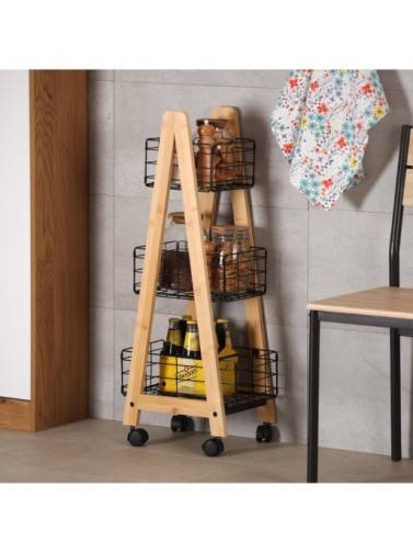 CARRO DE BAMBU CON 3 CESTAS NEGRAS MODELO LIVO