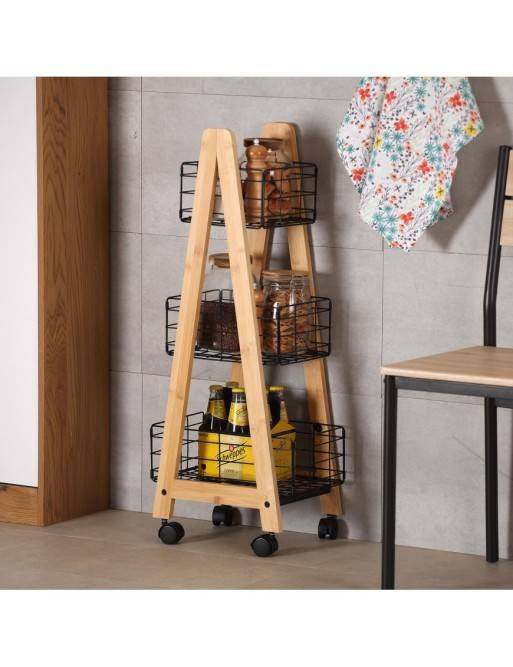 BAMBOO CART WITH 3 BLACK BASKETS LIVO MODEL
