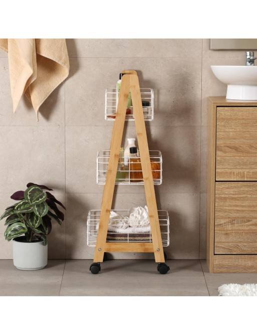 BAMBOO CART WITH 3 WHITE BASKETS LIVO MODEL