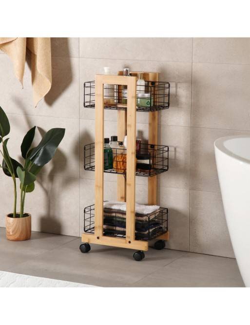 CHARIOT DE BAMBOU AVEC 3 PANIERS NOIRS MODÈLE LIVO RECTANGULAIRE