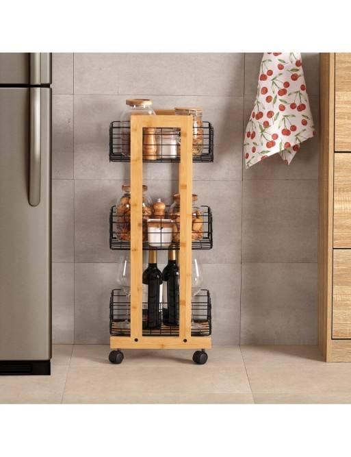 BAMBOO CART WITH 3 BLACK BASKETS MODEL LIVO RECTANGULAR